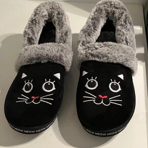 Skechers Kids Black Cat Plush Slippers with Gray Collar